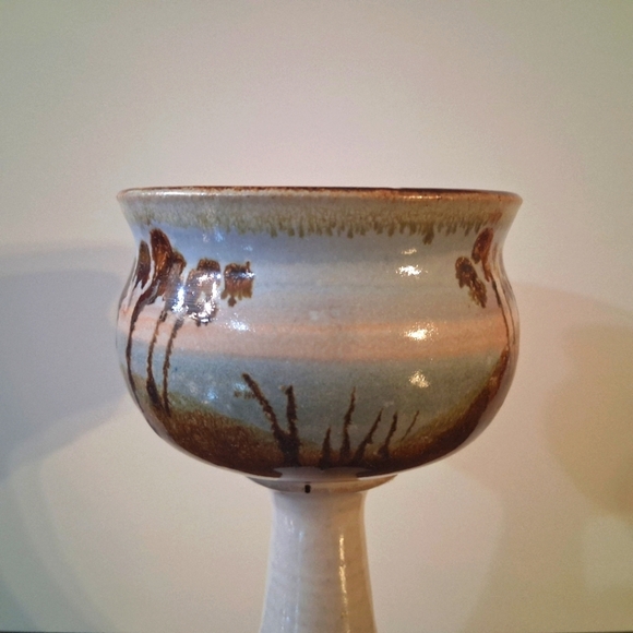 Signed Bonnie Staffel Pottery Chalice Goblet Wine Tropical Seascape Ocean Sunset - Picture 16 of 16